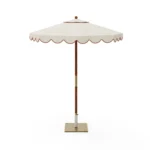 Mediterrazza Elba outdoor umbrella, a bespoke iroko and metal furniture piece with a Mediterranean ikat-inspired pattern on the interior.