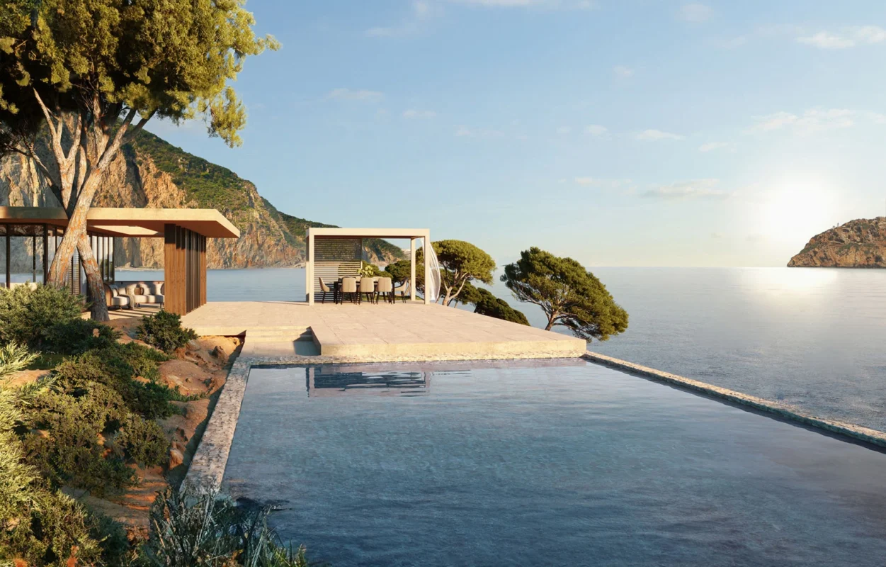 Luxury summer home terrace featuring architectural pergolas and sunshades with elegant shaded outdoor seating, blending Mediterranean-inspired design, contemporary rooftop solutions, and integrated greenery for refined climate-responsive outdoor living.