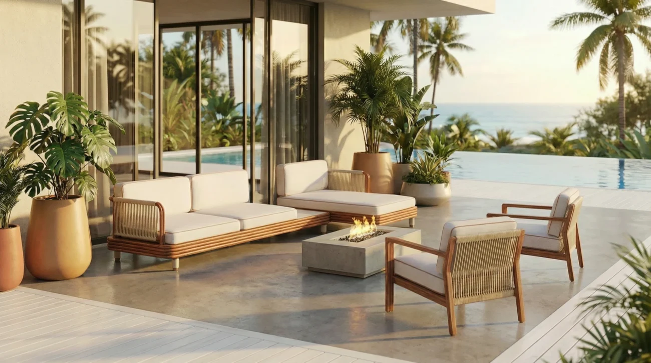 Contemporary outdoor seating set beside a modern pool, combining modular sofas and armchairs within a refined architectural courtyard.