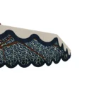 Salerno Parasol by Mediterrazza in iroko and patterned fabric, vintage shade with bold wavy navy piping and ikat-inspired interior.