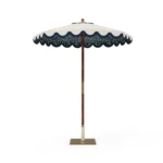 Salerno Parasol by Mediterrazza in iroko and metal, luxury outdoor umbrella with a vintage ikat interior and handcrafted wood base.