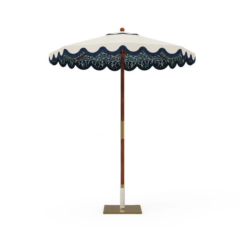Salerno Parasol by Mediterrazza in iroko and metal, luxury outdoor umbrella with a vintage ikat interior and handcrafted wood base.