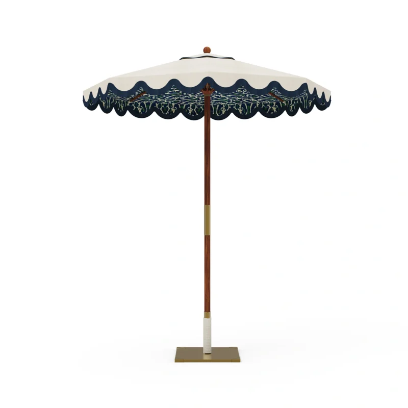 Salerno Parasol by Mediterrazza in iroko and metal, luxury outdoor umbrella with a vintage ikat interior and handcrafted wood base.