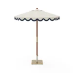 Salerno Parasol by Mediterrazza, luxury outdoor furniture with an iroko base, ikat-inspired pattern shade, and elegant metal details.