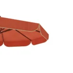 Close-up under the open Sorrento Parasol by Mediterrazza in iroko and terracotta fabric, showing scalloped edges with cream piping and wood ribs.