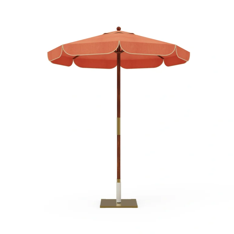 Sorrento Parasol by Mediterrazza in iroko and terracotta fabric, outdoor umbrella with scalloped edge, metal accents, and square base.