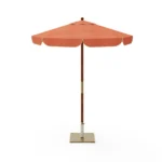 Sorrento Parasol by Mediterrazza in terracotta fabric and iroko, luxury outdoor umbrella with scalloped vintage shade and square metal base.