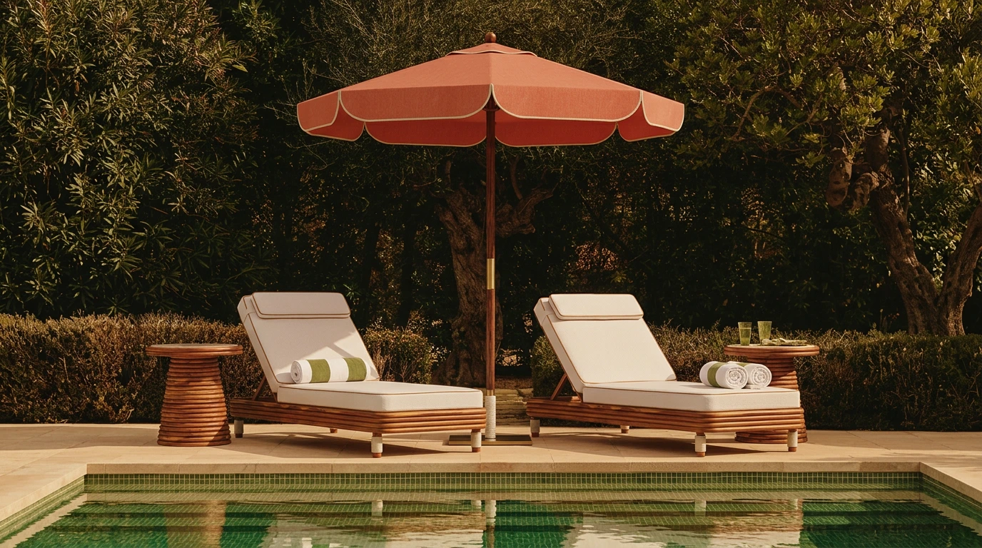 Lounge area by a pool with two wooden chaises, a side table with drinks, and an open terracotta parasol, featuring ocean views.