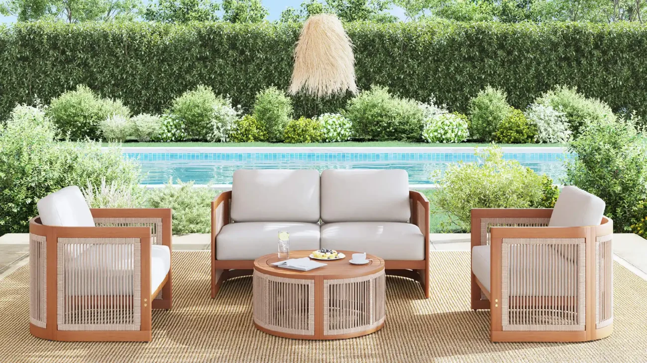Luxury contemporary terrace featuring rope outdoor furniture with woven outdoor seating, sculptural lounge chairs, and modern patio design overlooking an architectural landscape.