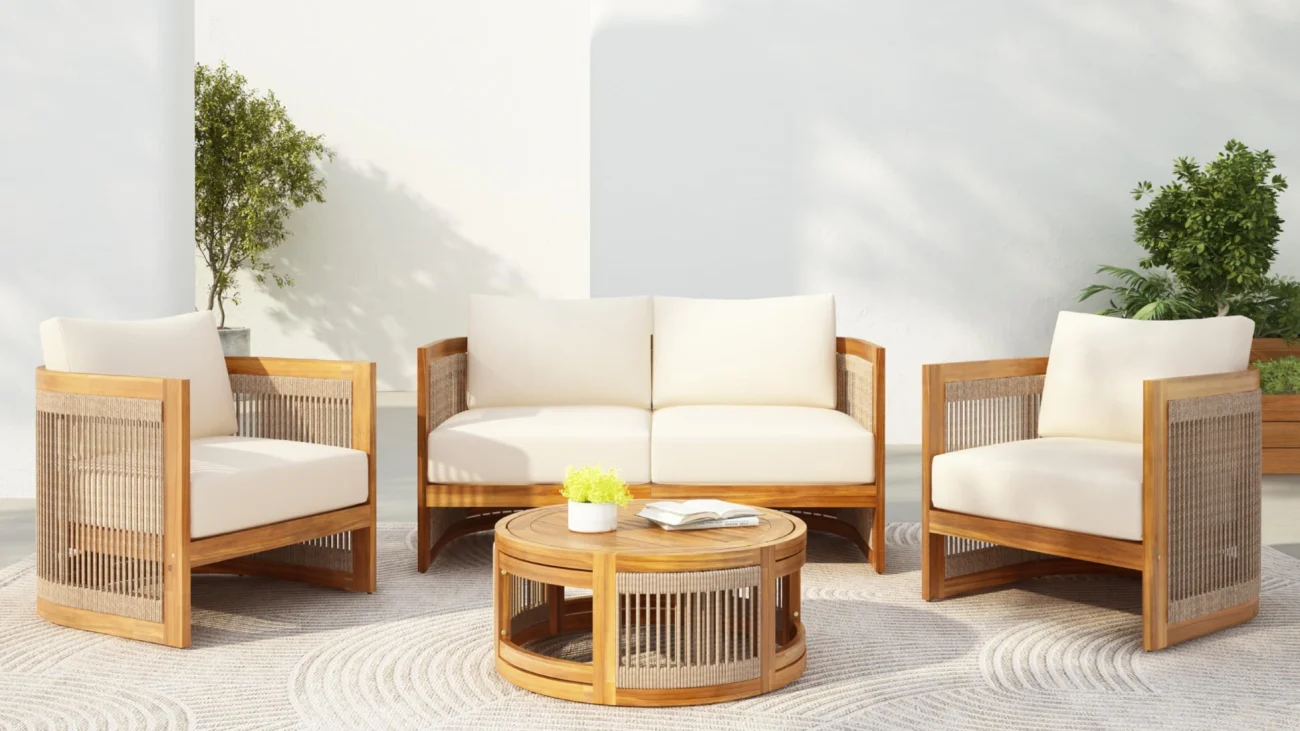 Luxury contemporary terrace featuring rope outdoor furniture with woven outdoor seating, sculptural lounge chairs, and modern patio design overlooking an architectural landscape.