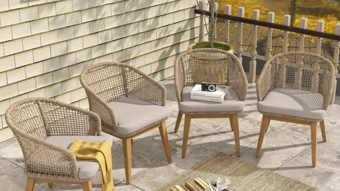 Luxury contemporary terrace featuring rope outdoor furniture with woven outdoor seating, sculptural lounge chairs, and modern patio design overlooking an architectural landscape.