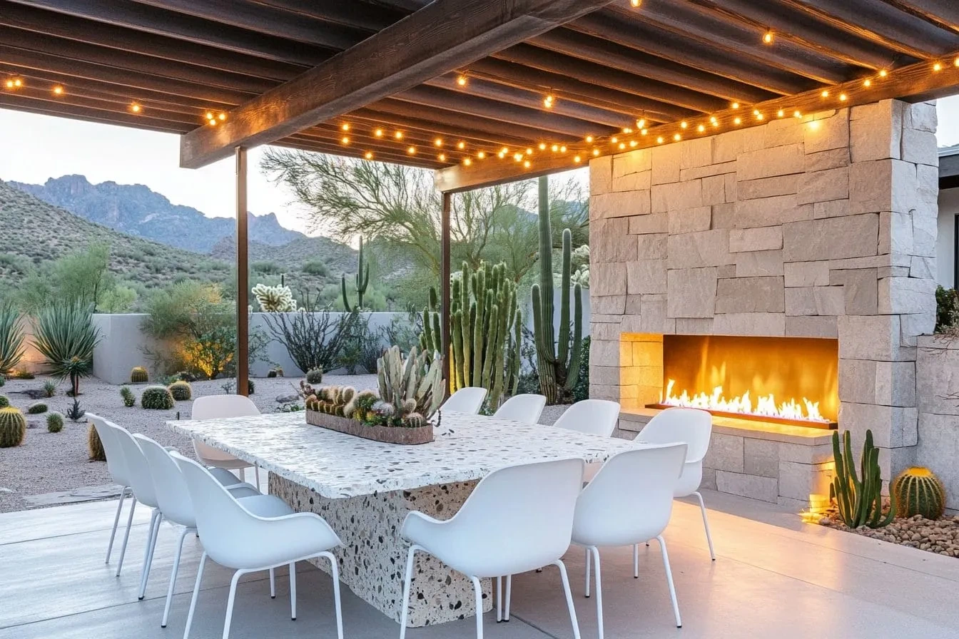 Modern outdoor patio with a stone fireplace, long dining table, and white chairs. String lights hang above, surrounded by desert plants and mountains.