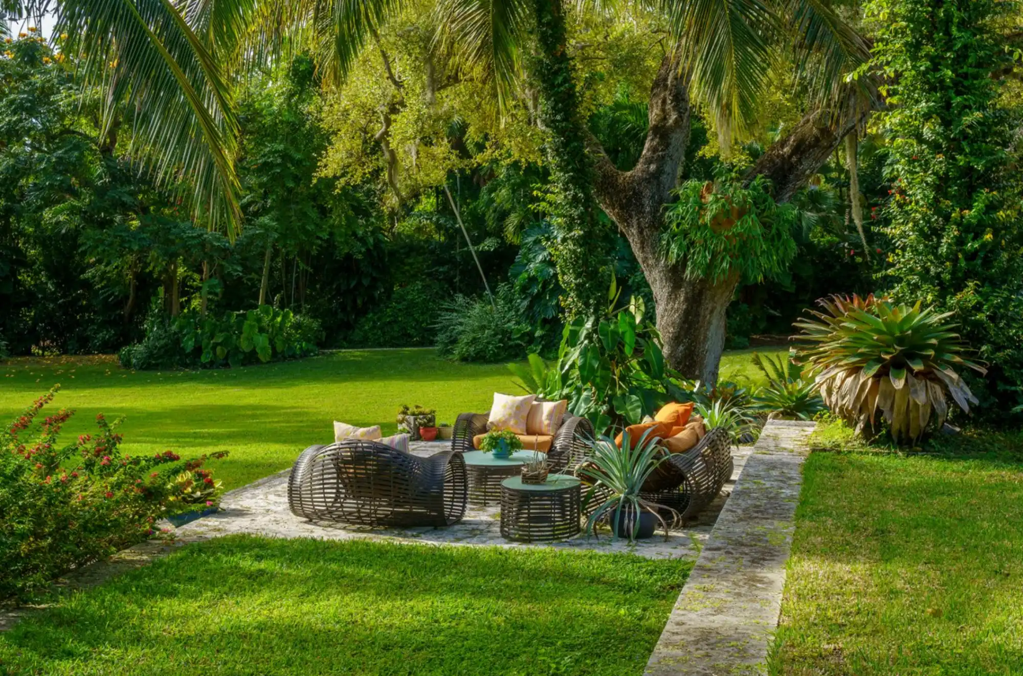 Outdoor seating area with woven furniture and colorful cushions under a large tree. Surrounded by lush greenery, evoking a serene and inviting atmosphere.