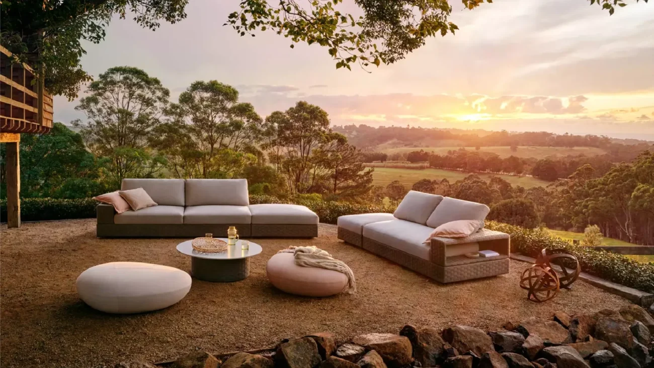 Luxury hillside terrace design with multi-level terraces, hillside garden landscaping, and luxury outdoor furniture on a sloping landscape.