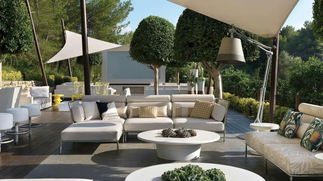 Luxury hillside terrace design with multi-level terraces, hillside garden landscaping, and luxury outdoor furniture on a sloping landscape.