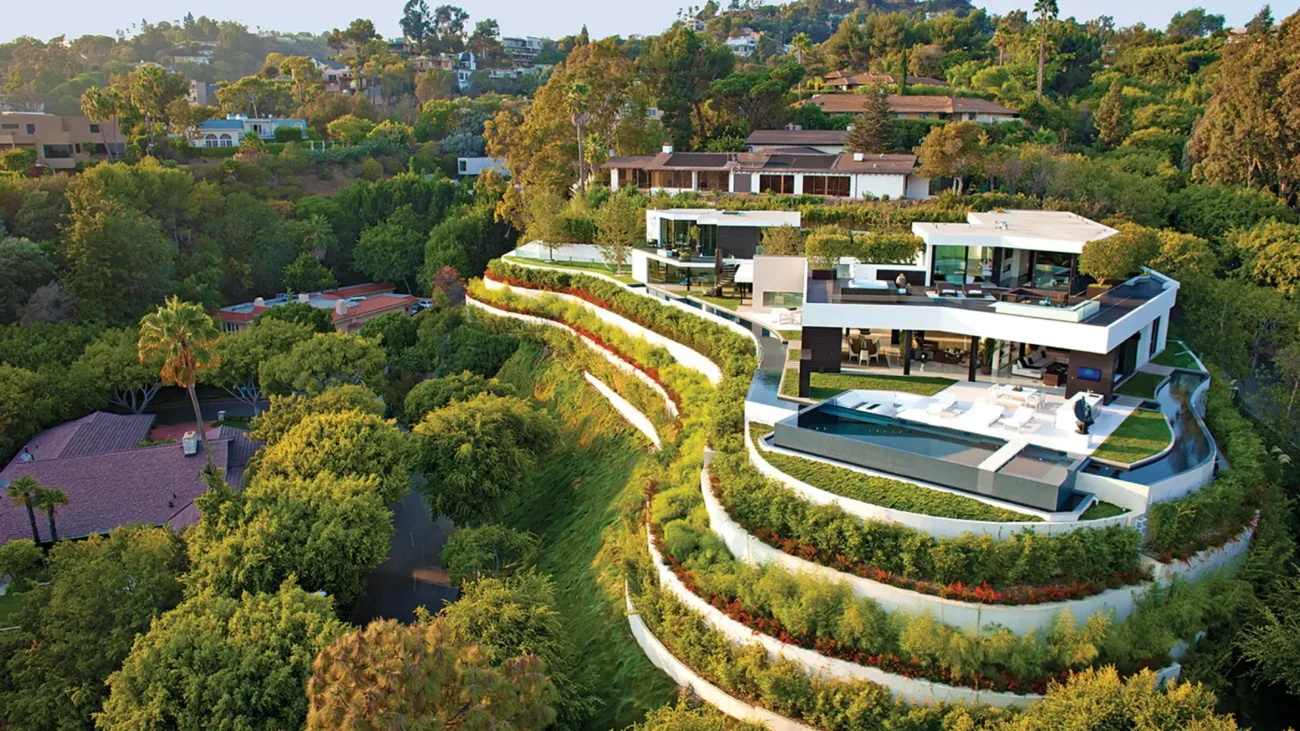 Luxury hillside terrace design with multi-level terraces, hillside garden landscaping, and luxury outdoor furniture on a sloping landscape.
