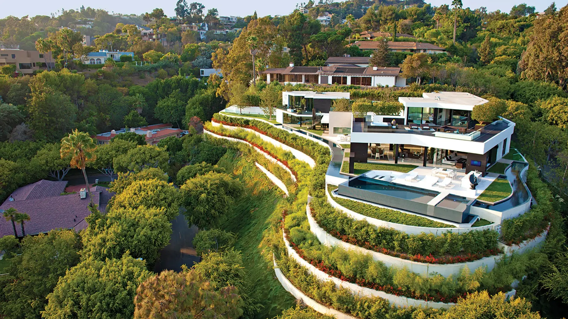Luxury hillside terrace design with multi-level terraces, hillside garden landscaping, and luxury outdoor furniture on a sloping landscape.