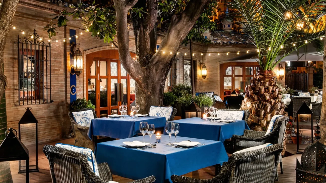 Elegant courtyard restaurants in Spain featuring beautiful outdoor dining patios and alfresco dining spaces surrounded by historic architecture, fountains, and Mediterranean gardens.