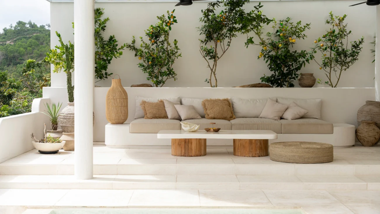 Tropical Bali villa with open living design, outdoor lounge pavilion, infinity pool and jungle landscape