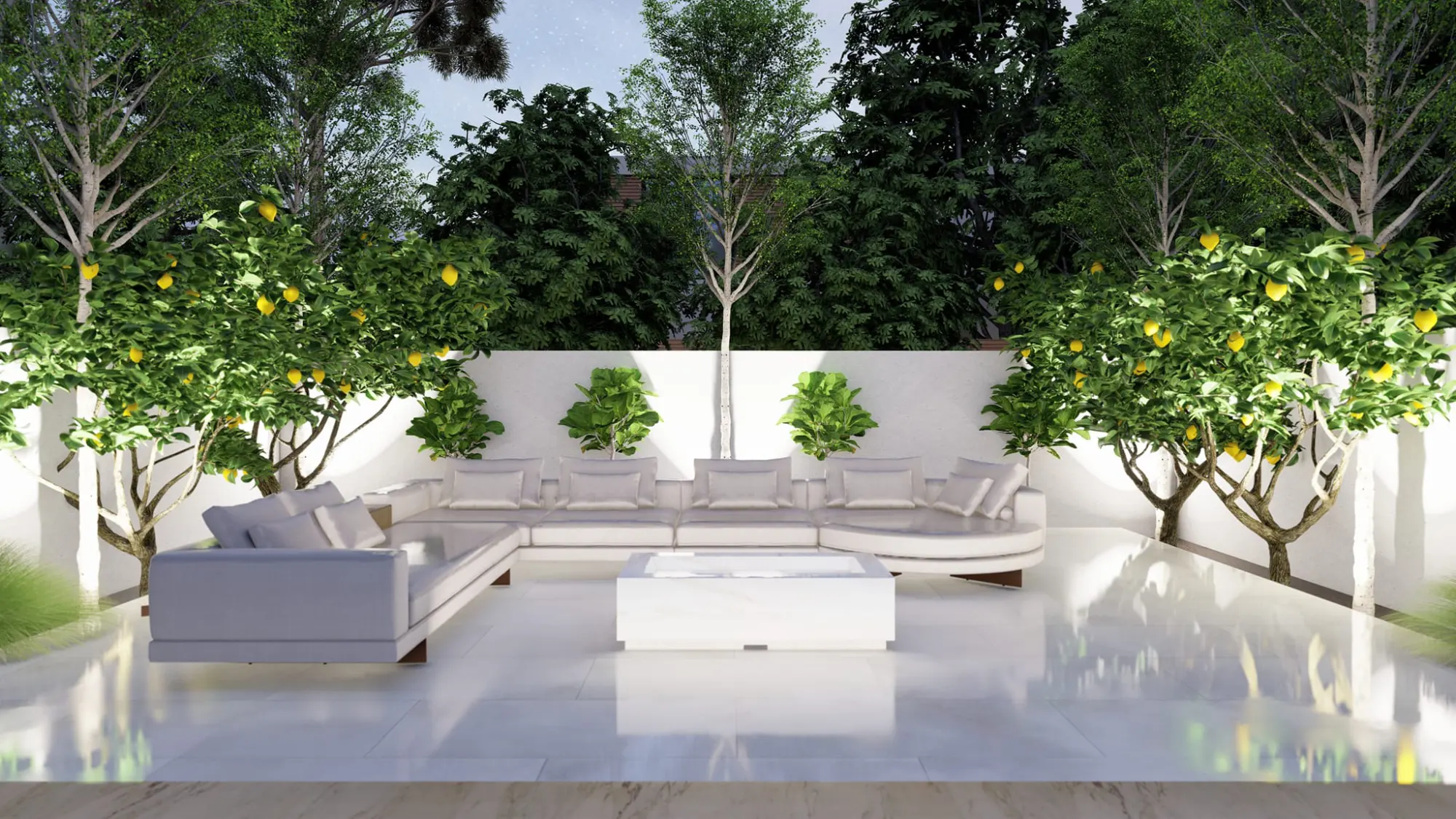 Modern outdoor patio with white L-shaped sofas surrounding a sleek white coffee table. Lush green trees with yellow fruits border the area, creating a serene ambiance.