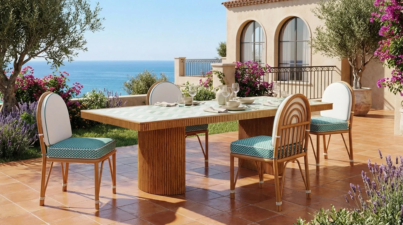 Outdoor dining setup on a terracotta patio with elegant chairs around a wooden Benirrás Dining Table. Overlooks the sea, surrounded by lush plants and colorful flowers.