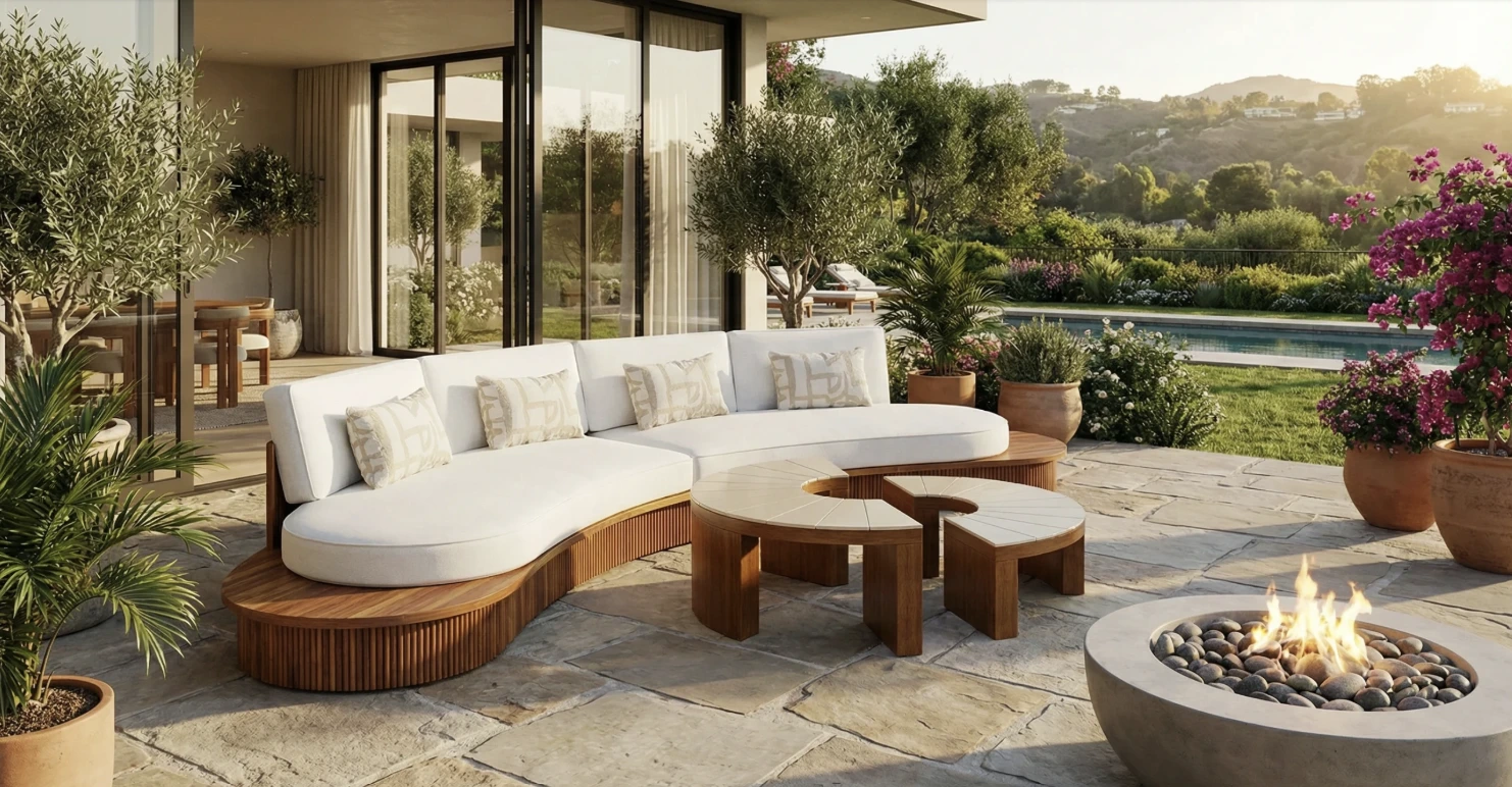 A luxurious patio with a curved white sofa, pillows, and wooden tables surrounds a stone fire pit. Lush greenery and hills create a tranquil backdrop. Perfectly shoecases modular outdoor furniture.