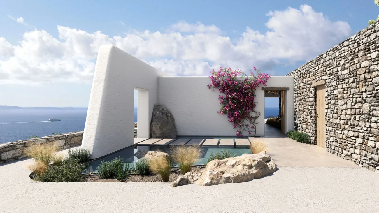 Mediterranean luxury architecture entrance featuring modern villa design with natural stone, clean geometry, and refined outdoor courtyard space