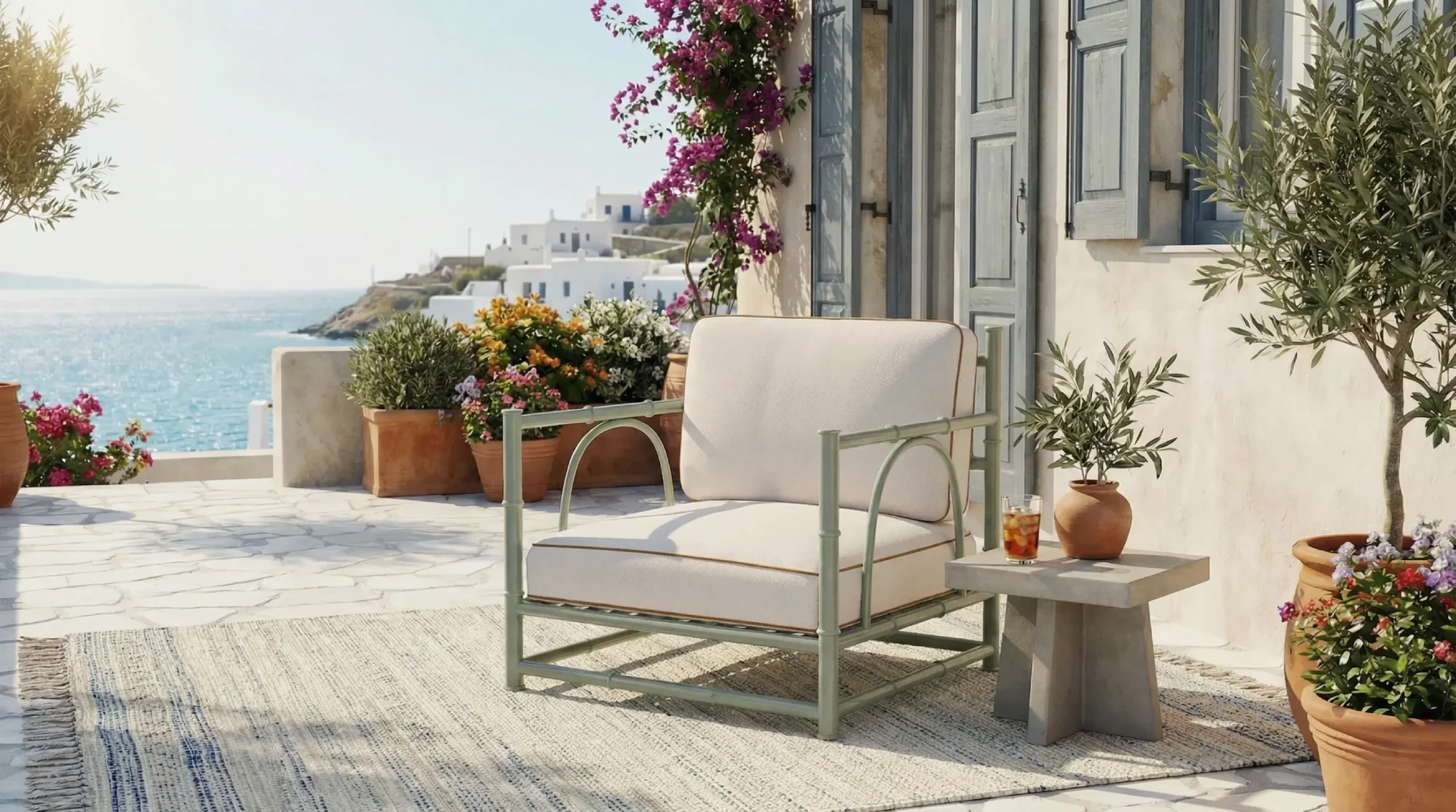 A serene patio overlooking the sea with a cushioned Girona armchair by the brand Mediterrazza chair beside a small table holding a drink. 
