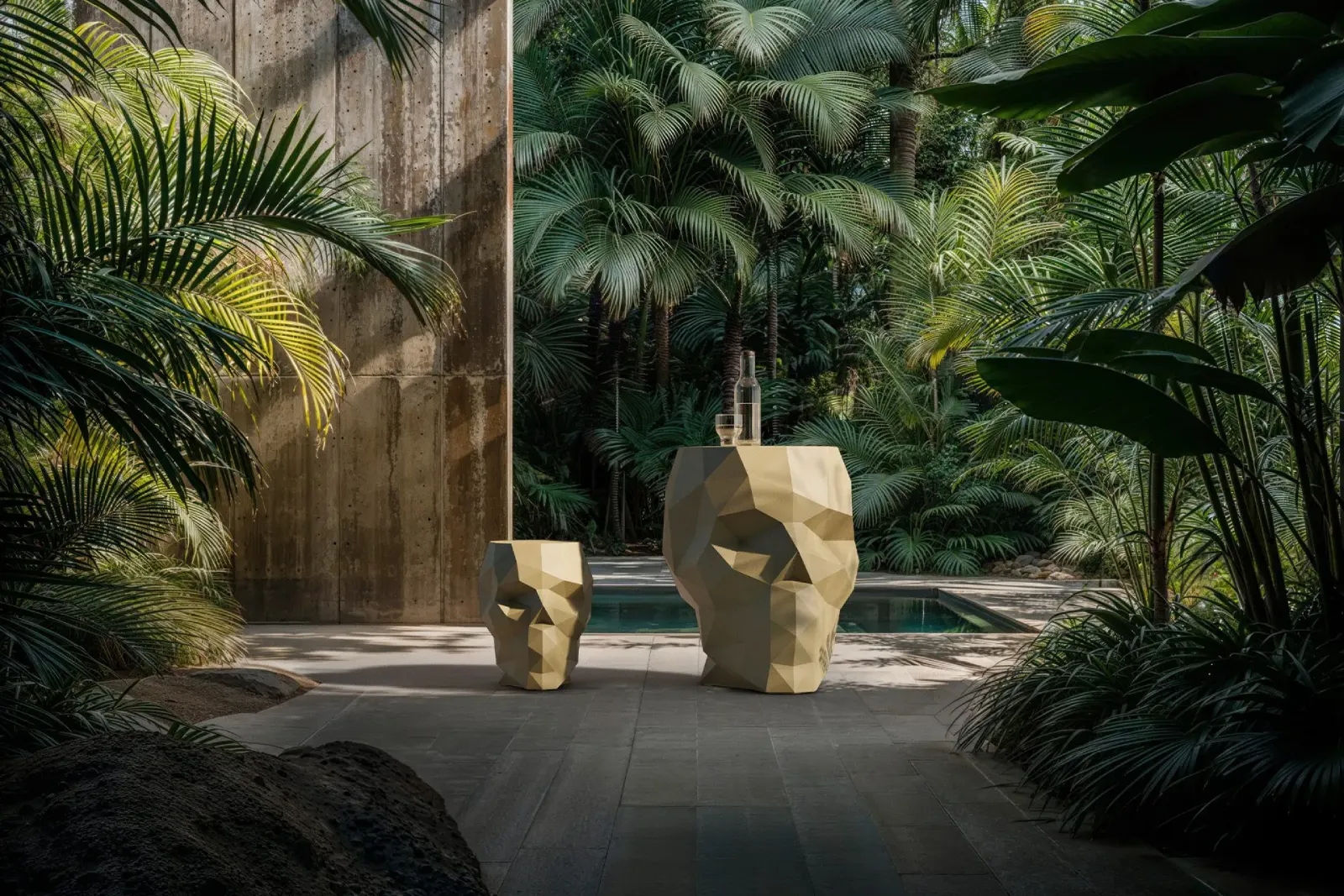 Geometric skull sculptures by Teresa Sapey set on a stone patio amid lush tropical plants, beside a concrete wall. A serene pool in the background adds tranquility.