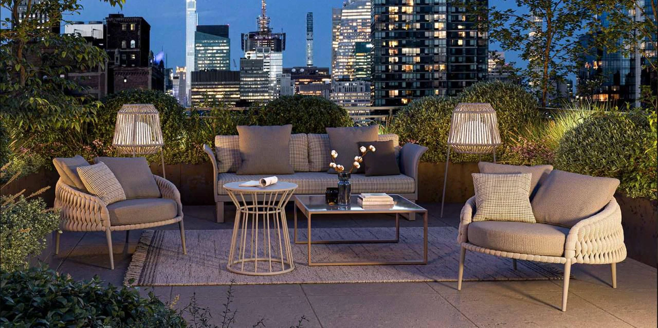 bespoke outdoor furniture in an outdoors with a view to a skyline