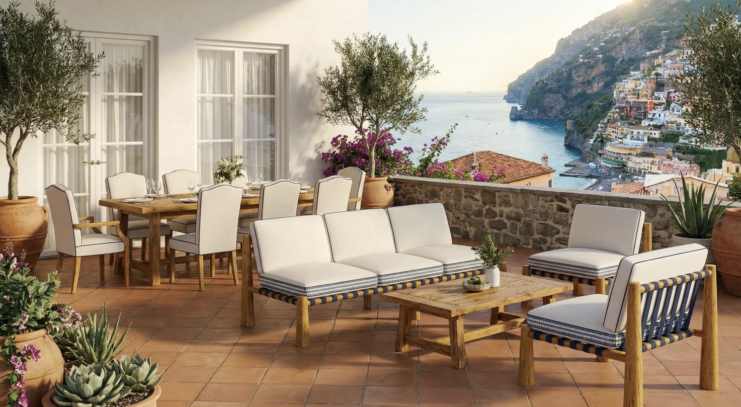 Stylish terrace with four Deià armchairs and potted plants, overlooking a scenic coastal village and serene ocean view at sunset.