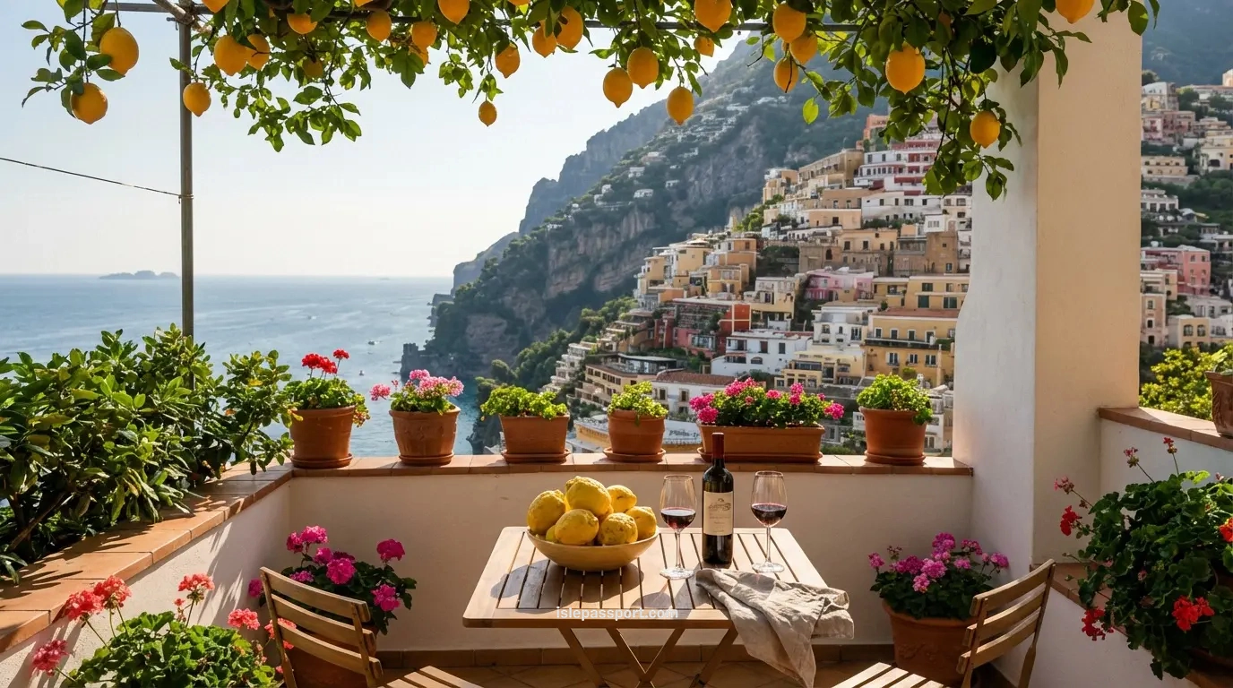A picturesque terrace overlooks a coastal town with colorful buildings. A table with lemons, wine, and glasses sits under hanging lemons. Vibrant flowers add color. The scene is serene and inviting.