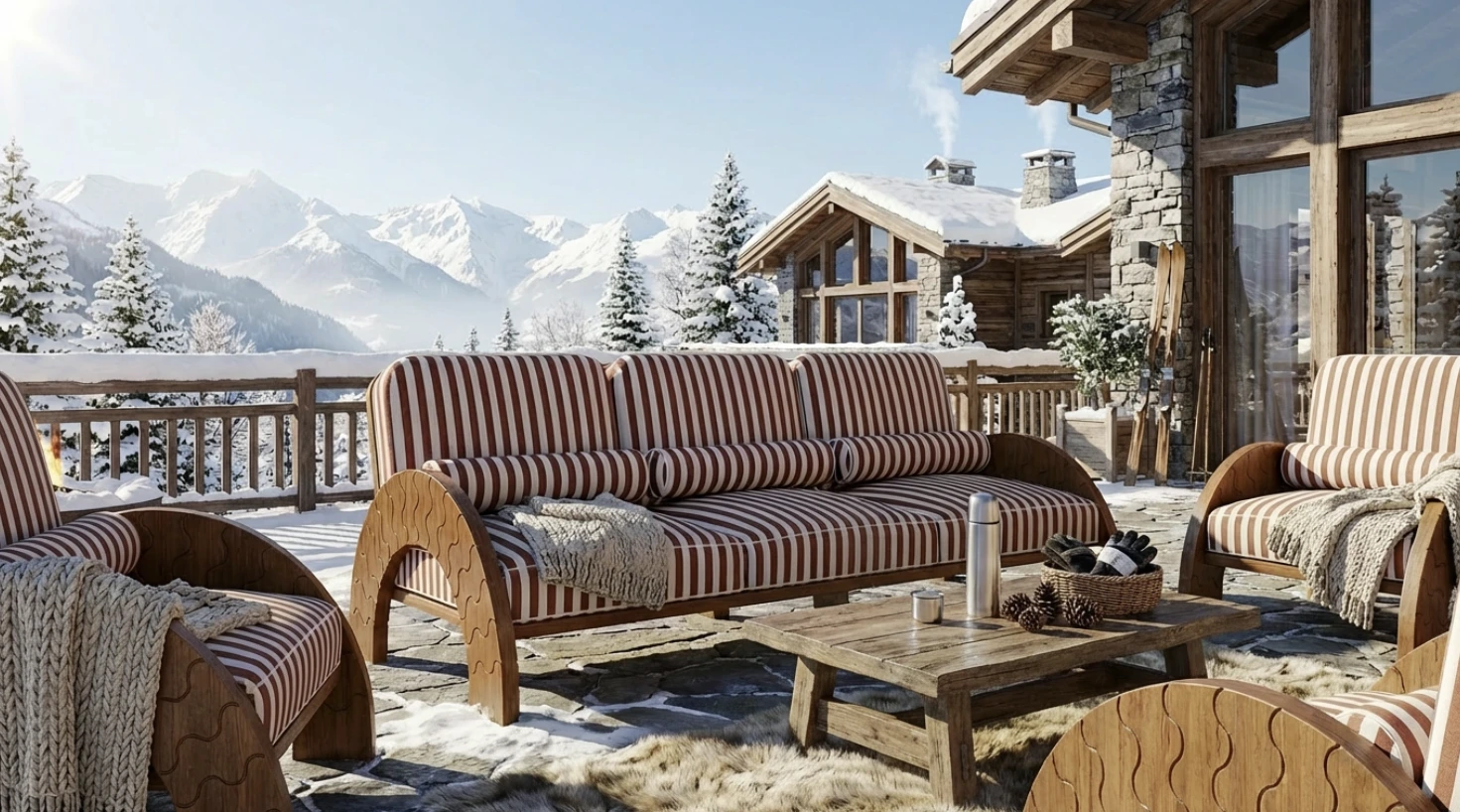 Cozy outdoor seating area with striped cushions and blankets, set on a snowy chalet deck. Mountains and pine trees create a serene winter scene.