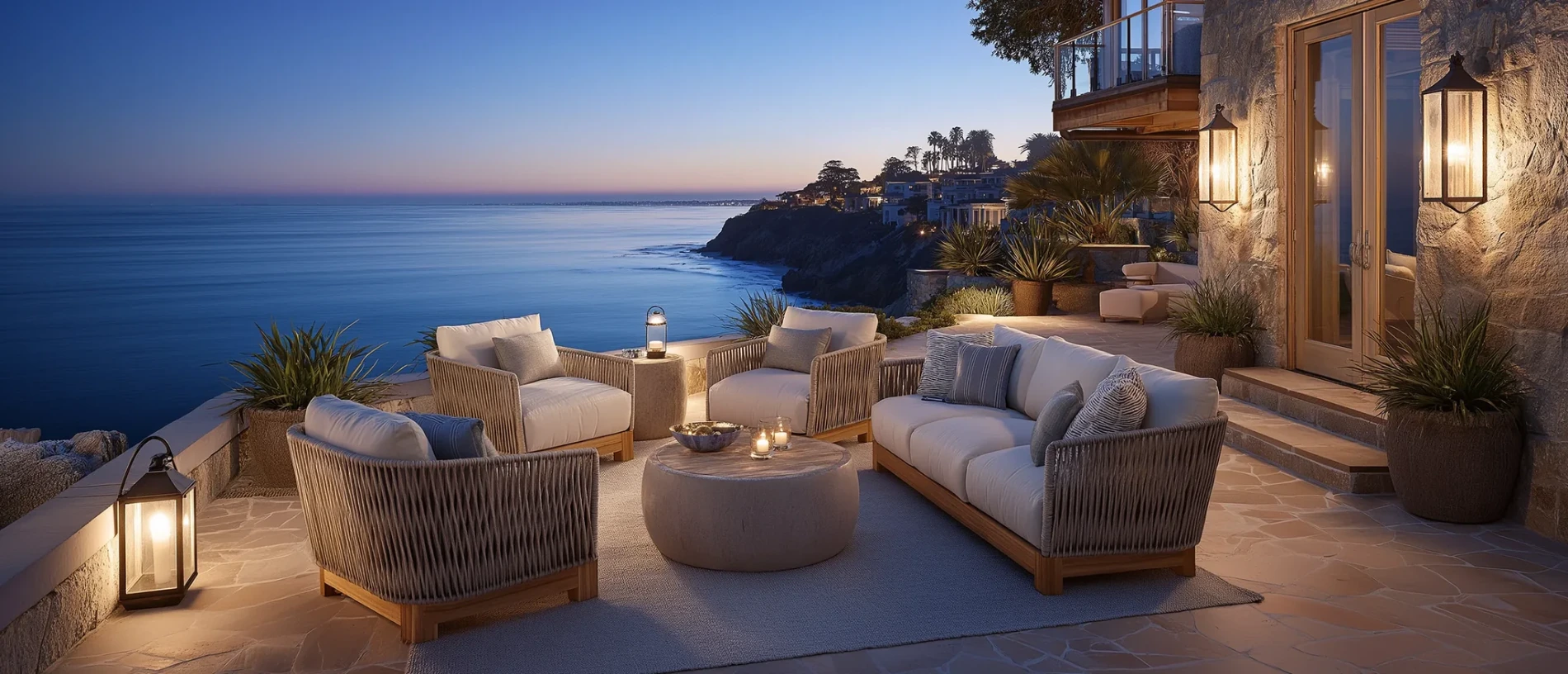 Luxurious patio overlooking the ocean at sunset. Comfy wicker sofas with cushions surround a round table, highlighting how to properly maintain outdoor furniture.