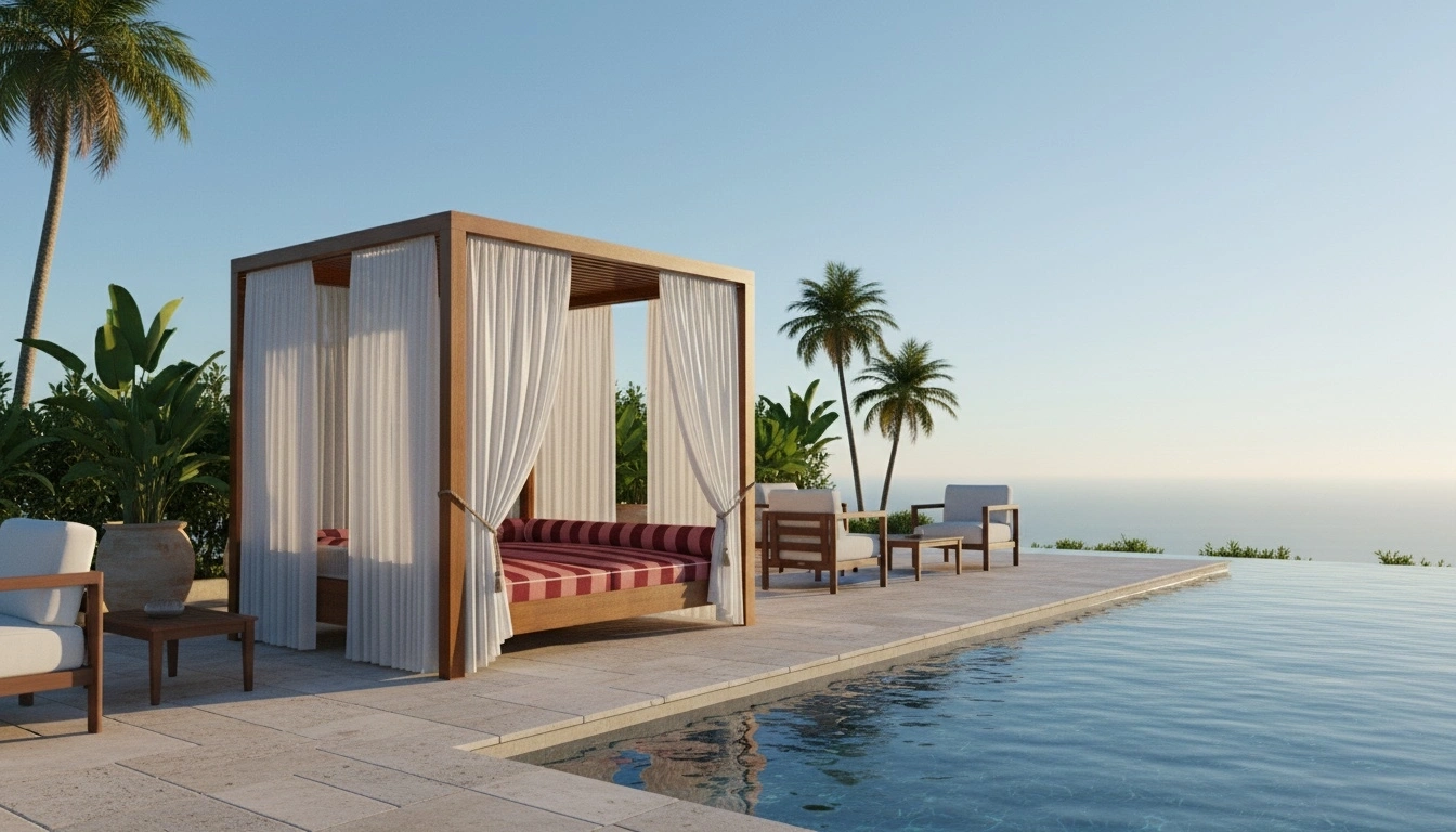 Poolside scene with a Paraggi sunbed by Mediterrazza featuring white curtains and a striped cushioned bed. Wooden chairs and palm trees surround, with a serene ocean view.