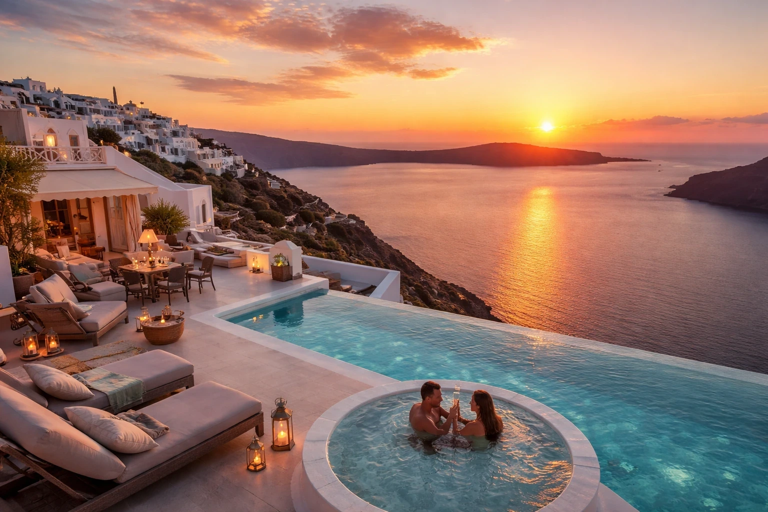 Infinity pool in a luxury cliffside villa in Santorini, Greece.