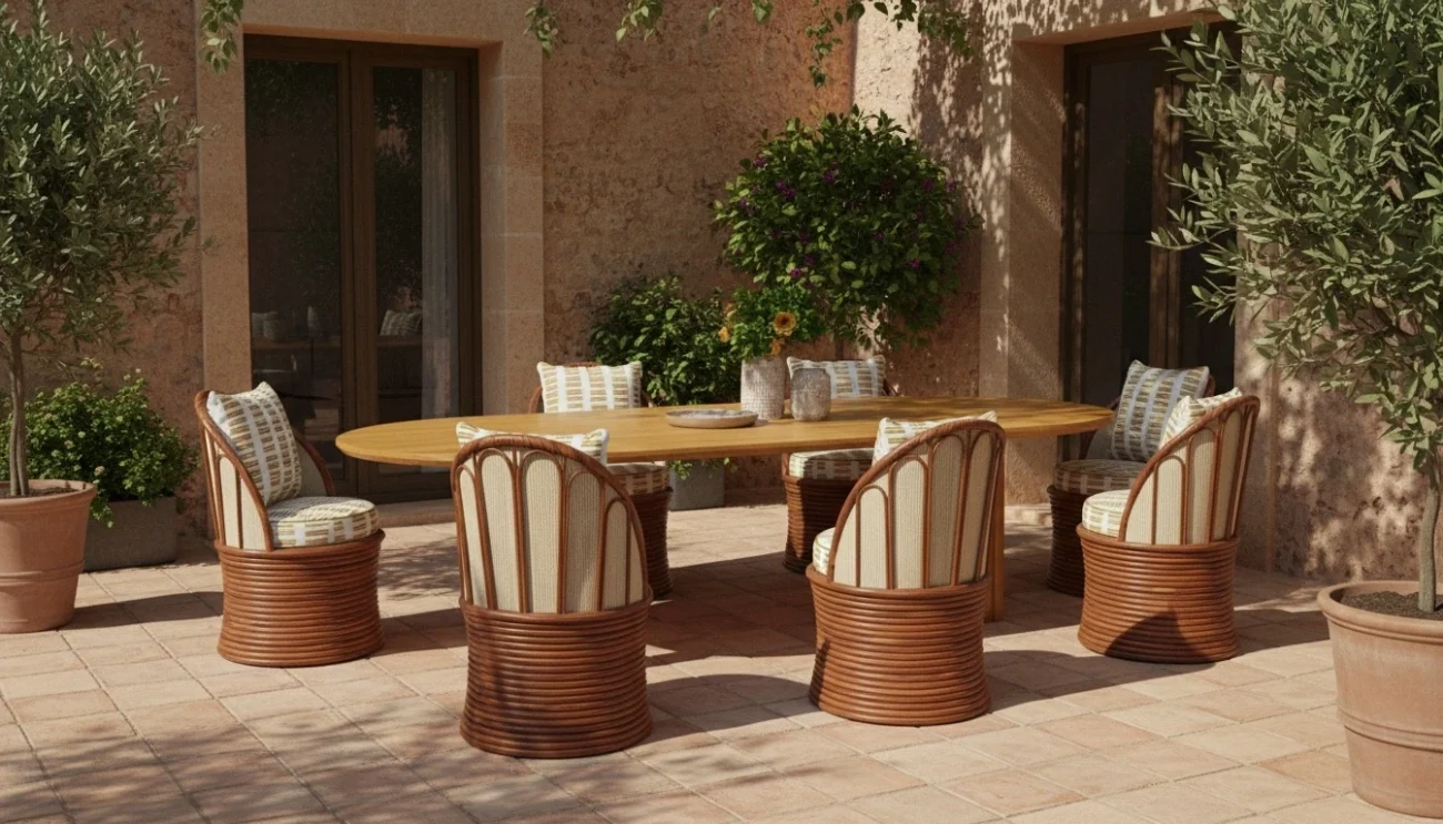 Outdoor patio with a wooden table and six wicker chairs featuring striped cushions. Surrounded by potted plants and vibrant greenery, creating a serene atmosphere.