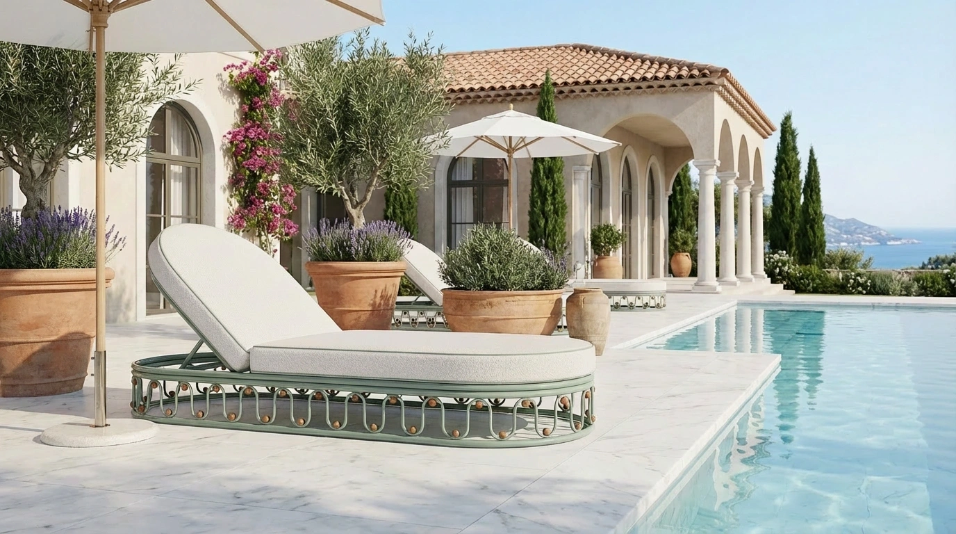 Luxury villa with a Toulon sunbed by Mediterrazza, highlighting craftsmanship and quality.