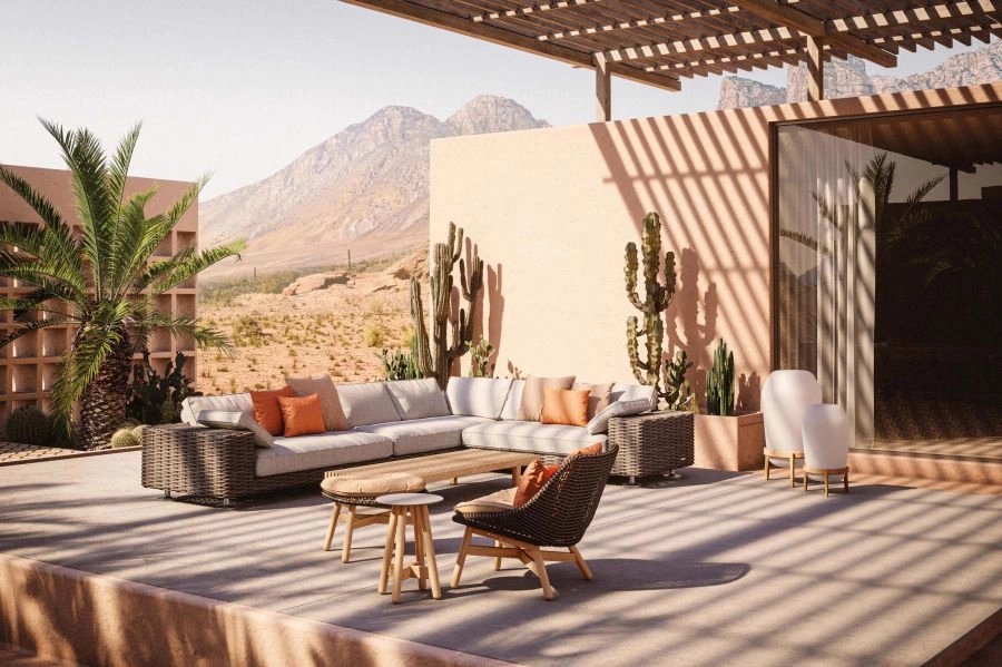 Mediterranean Design indoor-outdoor living space with open terraces, natural light, and contemporary coastal architecture.