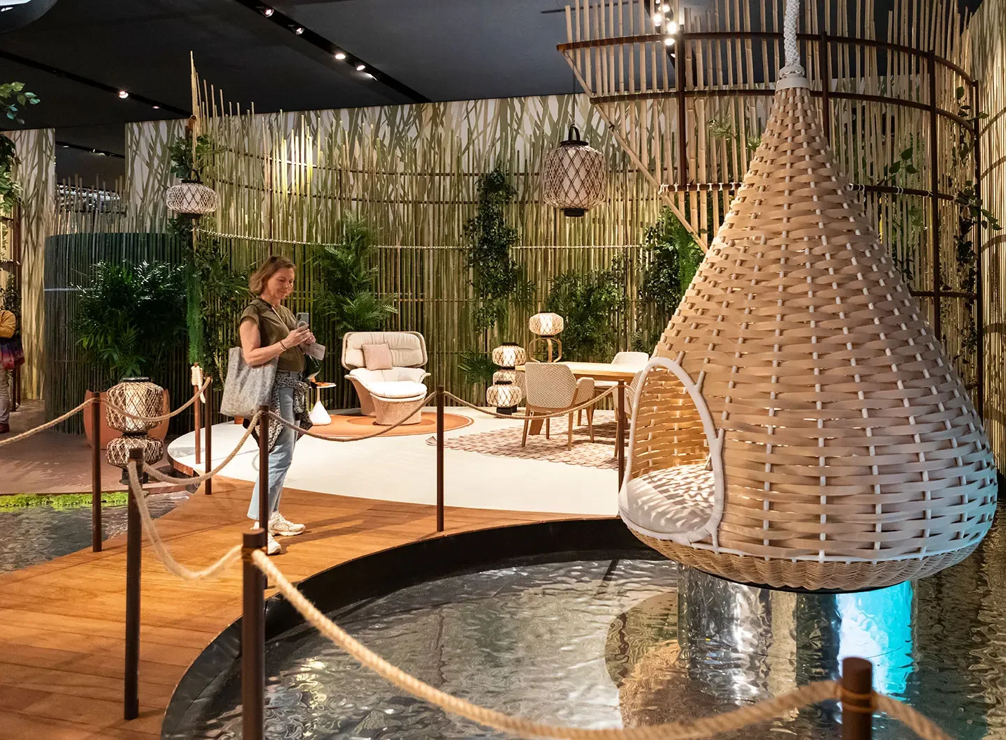 Mediterranean design fairs featuring contemporary outdoor installations, sculptural furniture, and luxury open-air exhibition spaces.