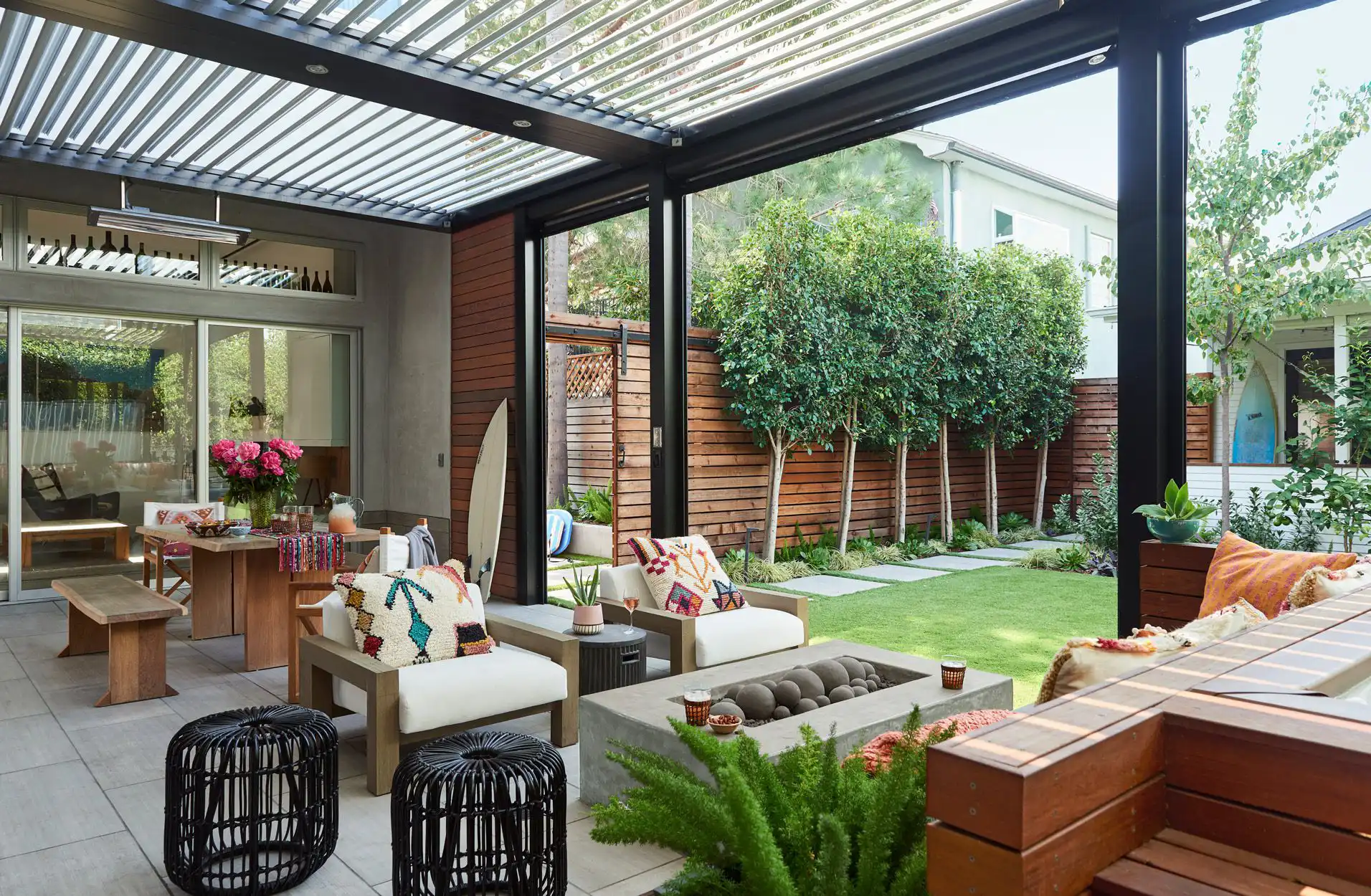 Covered patio, showcasing the evolution in outdoor design trends from Courtyards to Terraces