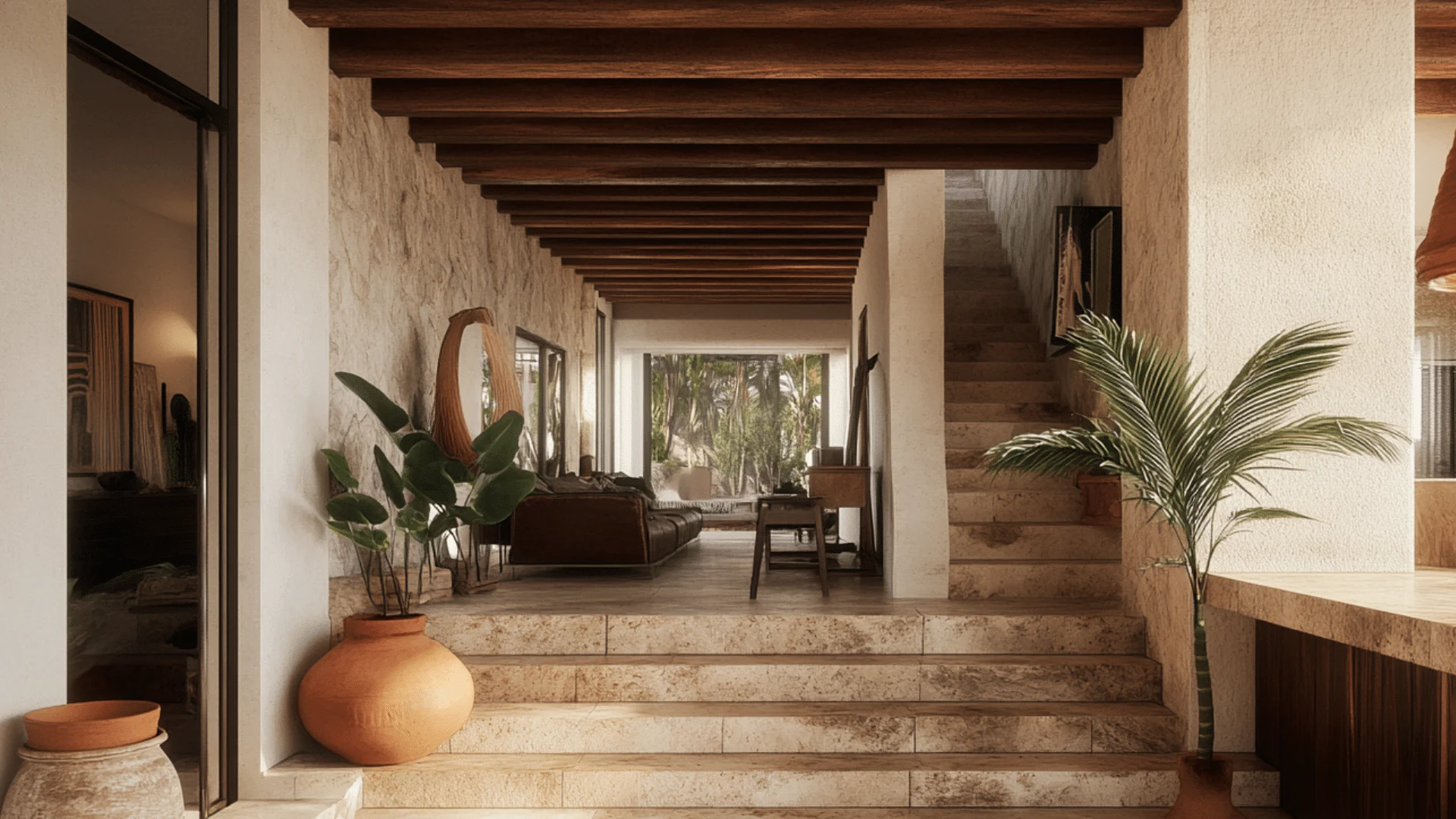 Mediterranean Design featuring natural stone, clay textures, wood surfaces, and handcrafted contemporary interior details.