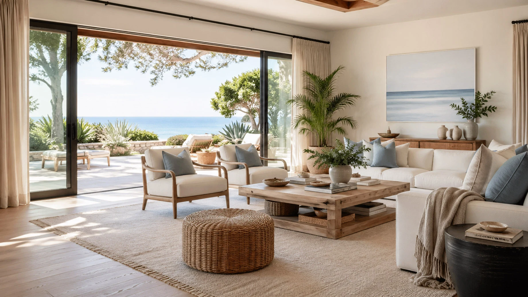 Luxury modern interior featuring open-air living, seamless indoor-outdoor design, natural materials, and contemporary architectural elegance.