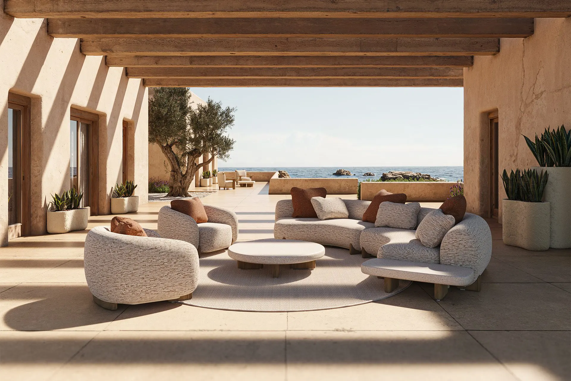 Technical drawings of a Mediterranean villa highlighting contemporary living design copyright.