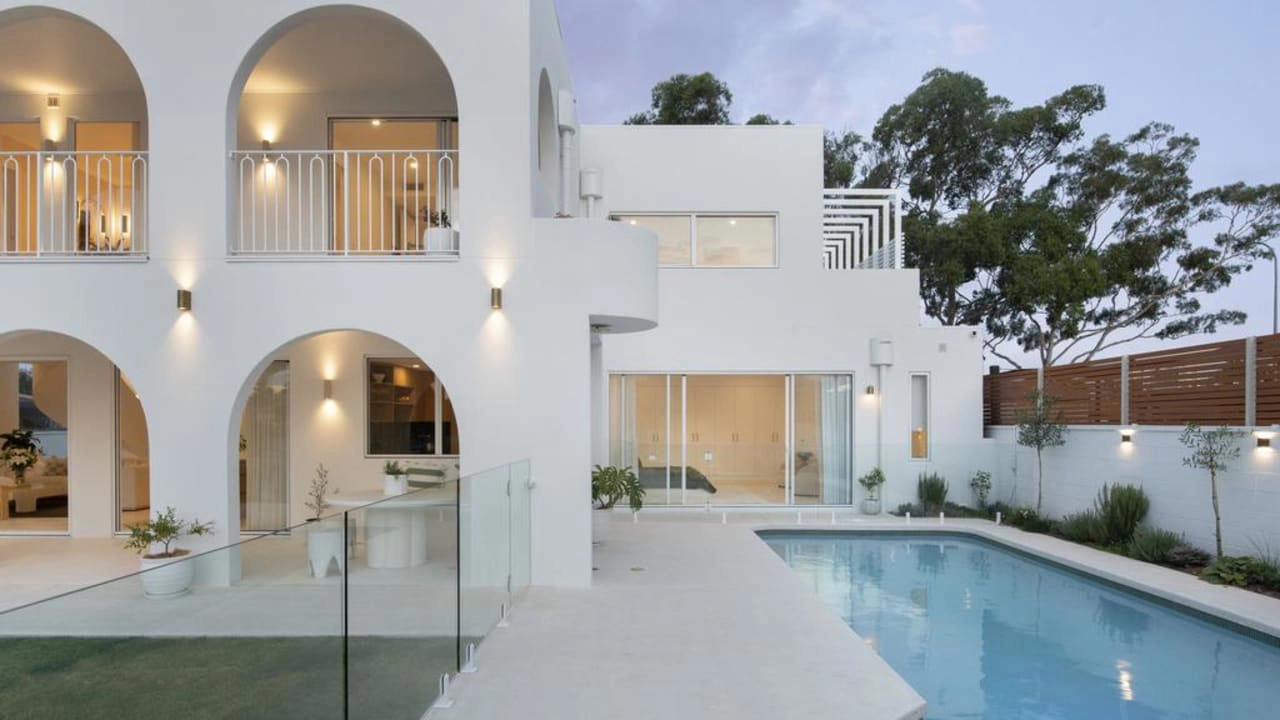 Mediterranean Design coastal house with contemporary architecture, natural materials, soft neutral tones, and seamless connection to nature.