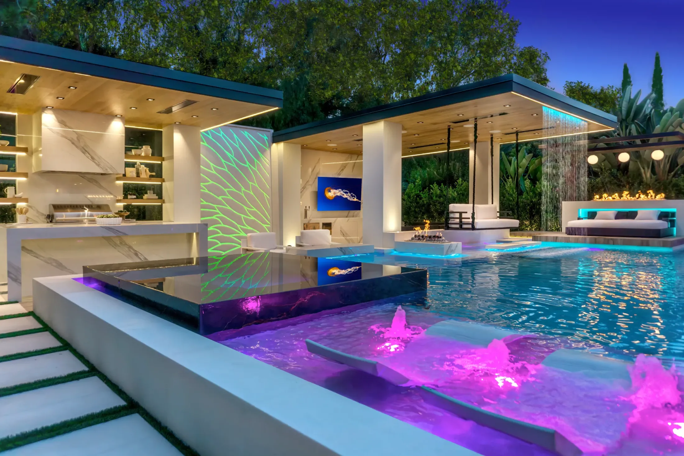Luxurious modern outdoor pool area at dusk, featuring purple-lit fountains, sleek furniture, ambient lighting, and a waterfall, creating an elegant, tranquil ambiance, typical of luxury outdoor spaces.
