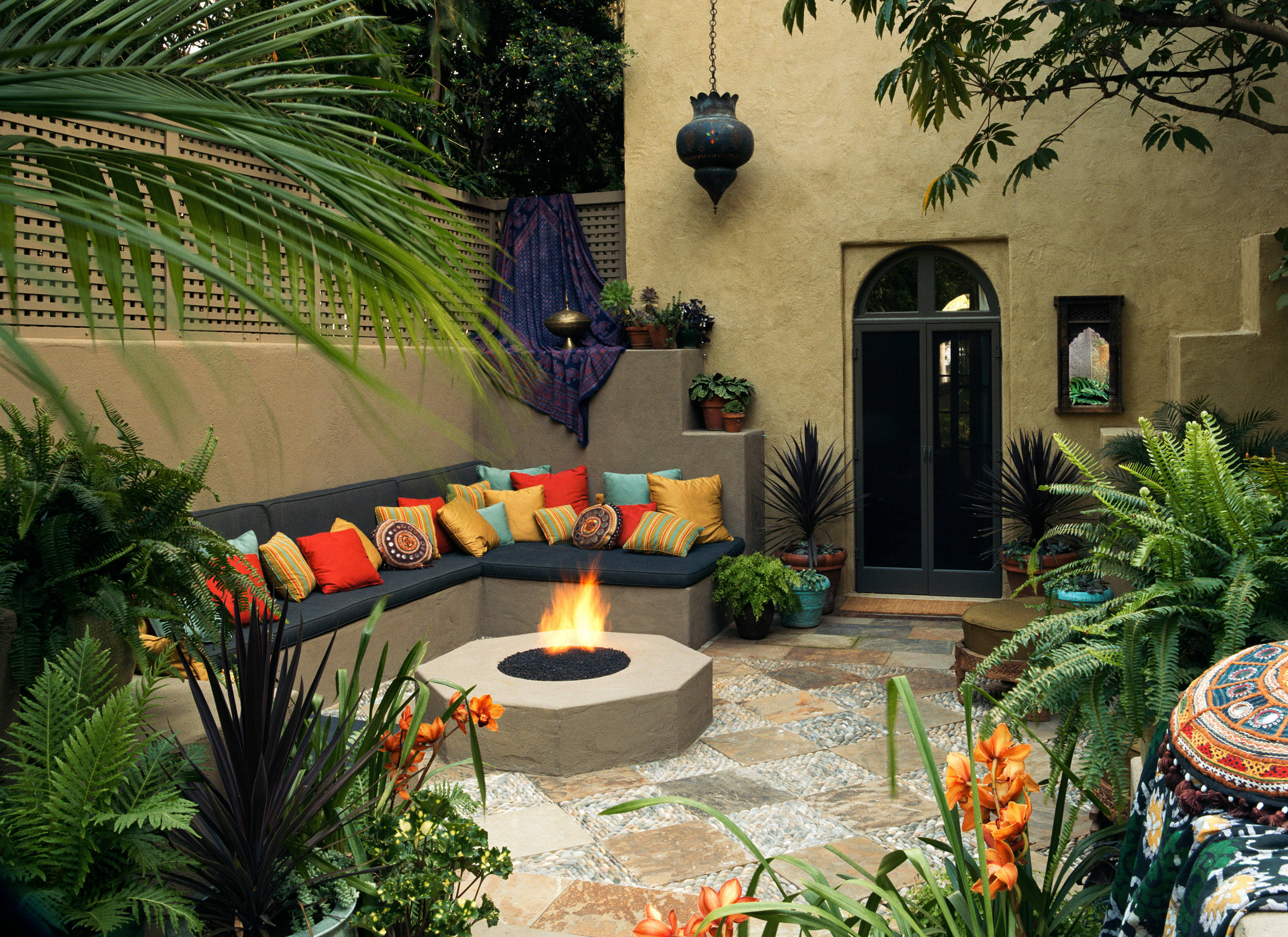 Outdoor furniture style with a center fireplace