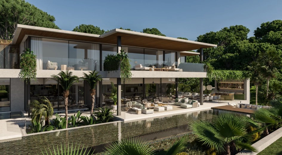 A modern luxury villa by Pedro Peña with large glass windows, a spacious terrace, and lush greenery.