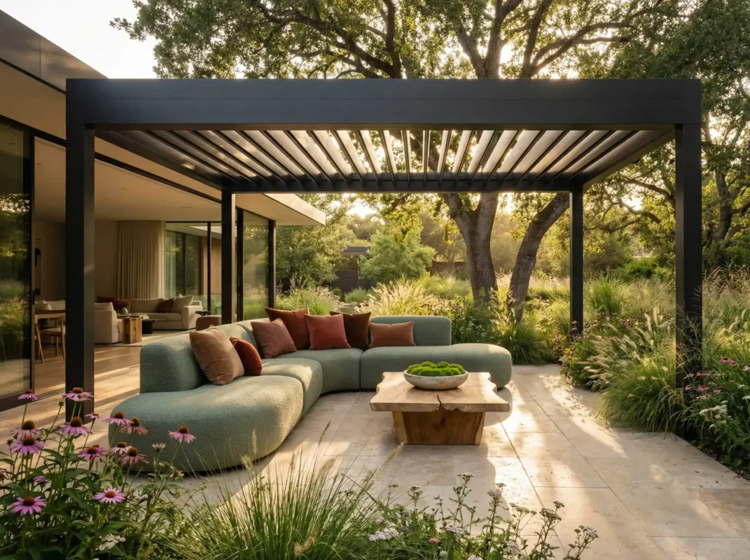 An upscale contemporary outdoor layout perfectly illustrating the prestige of Sustainable Outdoor Architecture.