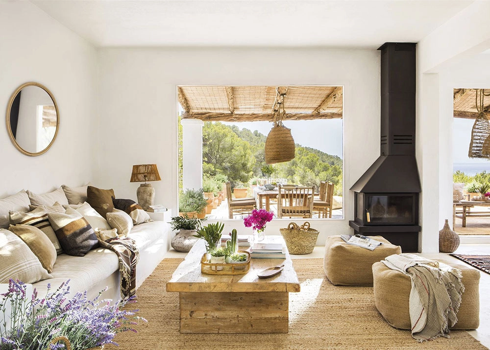 Mediterranean Living featuring natural stone, clay textures, wood surfaces, and handcrafted contemporary interior materials.